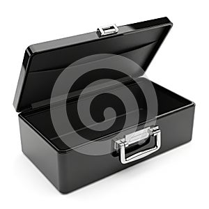 Open Black Briefcase with Silver Clasp and Handle on White Background