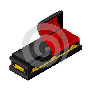 Open black coffin isometrics. Wooden casket for burial.