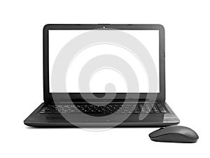 An open black laptop with an empty screen on a white isolated background. Wireless computer mouse