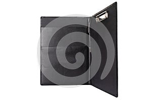 Open black leather portfolio for documents