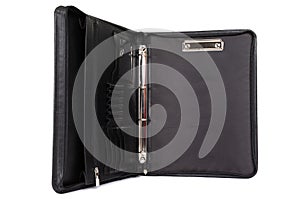 Open black leather portfolio for documents