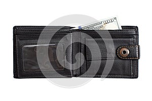 Open black leather wallet with cash dollars