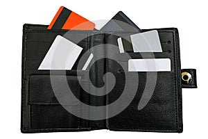 Open black purse with credit and debet bank cards