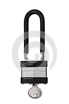 Open black silver padlock isolated on white