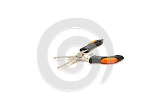 Open black stainless steel fishing pliers with orange rubber handgrip isolated on white