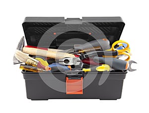 Open black toolbox with tools