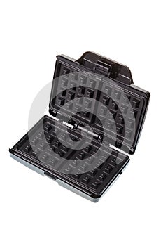 Open black waffle maker machine, isolated on white background