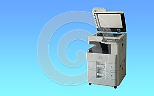 open black and white digital photocopier on gradient blue and green background, technology, object, banner, template, copy space