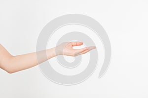 Open a black woman`s hand, palm up isolated on white background.Front view. Mock up. Copy space. Template. Blank.