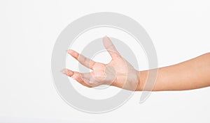 Open a black woman`s hand, palm up on white background.Front view. Mock up. Copy space. Template. Blank.
