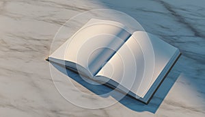 Open Blank Book on Marble Surface with Light Shadows