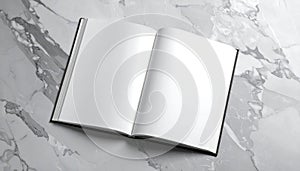 Open Blank Book on Marble Surface Mockup