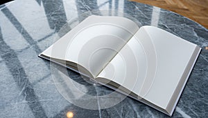 Open Blank Book on Marble Table Surface
