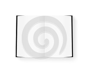 Open blank book mock up isolated on white. Black cover.