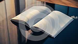 Open Blank Book on Reflective Surface