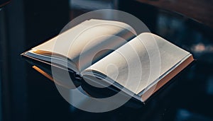 Open Blank Book on Reflective Surface