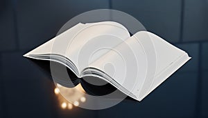 Open Blank Book on Reflective Surface