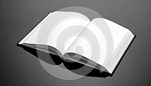 Open Blank Book with White Pages on Reflective Surface