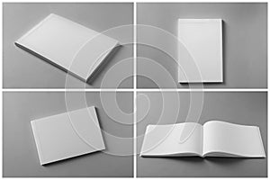 Open blank brochures on grey background, collage