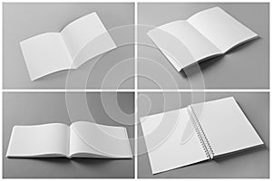 Open blank brochures on grey background, collage