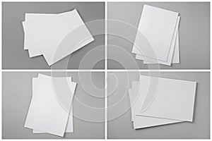 Open blank brochures on grey, top view. Collage