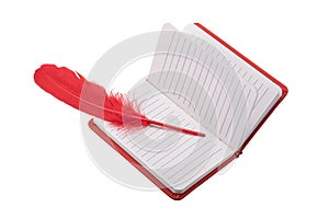 Open blank lined notebook with red feather