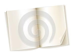 Open blank magazine yellowish pages on white