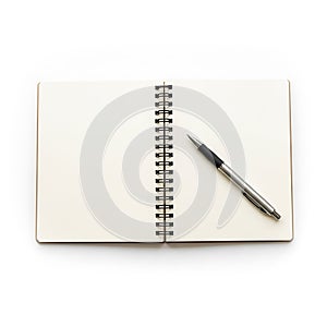 Open Blank Notebook with Pen on White Background