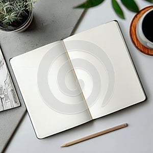 Open blank notebook with pencil on clean workspace