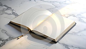 Open Blank Notebook on Marble Surface with Sunlight