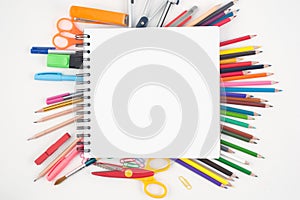 Open blank Notebook and school or office tools on white background And work