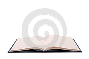 Open blank paper leather notebook on white background.