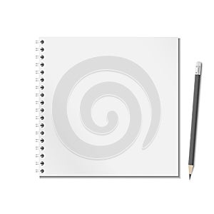 Open blank realistic notepad notebook with spiral and black pencil are on white background.