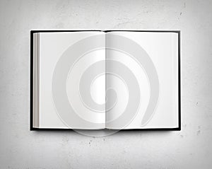 Open blank textbook on white stucco wall