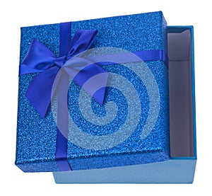 Open blue box with blue bow isolated on white background