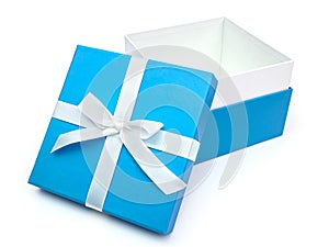 Open blue box with a gift and white bow
