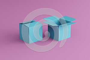 Open blue box on a pink background, place for text, place for logo, wallpaperopen and closed box on a pink background, two boxes,