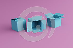 Open blue box on a pink background, place for text, place for logo, wallpaperopen and closed box on a pink background, two boxes,s