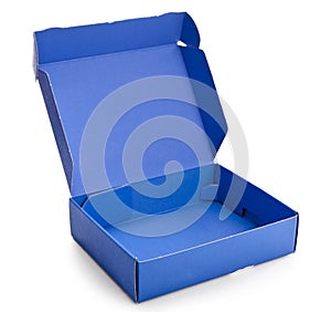 Open blue cardboard box