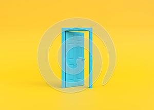 Open blue door in a room with a yellow background