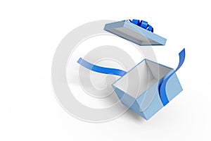 Open blue gift box with blue bow isolated on a white background. 3d illustration