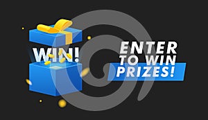 Open blue Gift Box, Confetti Lights and Golden coins on black background. Enter to Win Prizes. Vector Illustration
