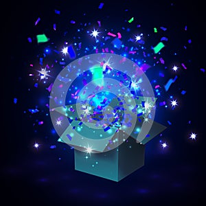 Open blue Gift Box and Confetti. Vector Illustration