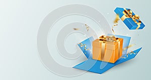 Open blue Gift Box and gold Confetti banner