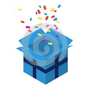 Open blue gift box icon, isometric style