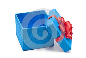 Open blue gift box with red bow