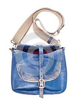 Open blue leather handbag with textile strap