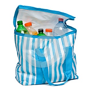 Open blue striped cooler bag with full of cool refreshing drinks