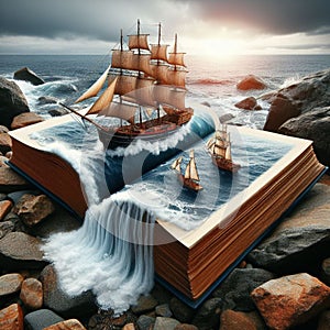 An open book with 3 dimensional photo of a sailing ship on a rocky shore, the waves spilling from the open pages of the book