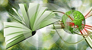Open book on an abstract green background.  Stylized image of the globe in the background